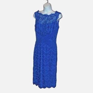 Tadashi Shoji Sheath Dress Sz 6 Chantilly Lace Boatneck Blue Wedding Cocktail